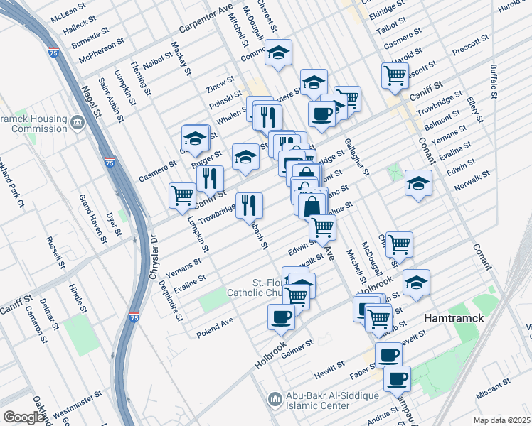 map of restaurants, bars, coffee shops, grocery stores, and more near 2646 Belmont Street in Hamtramck