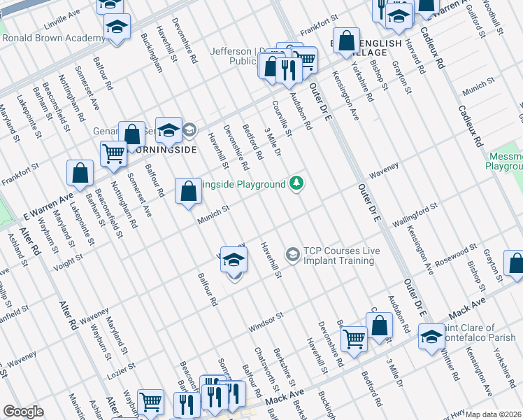 map of restaurants, bars, coffee shops, grocery stores, and more near 4369 Devonshire Road in Detroit
