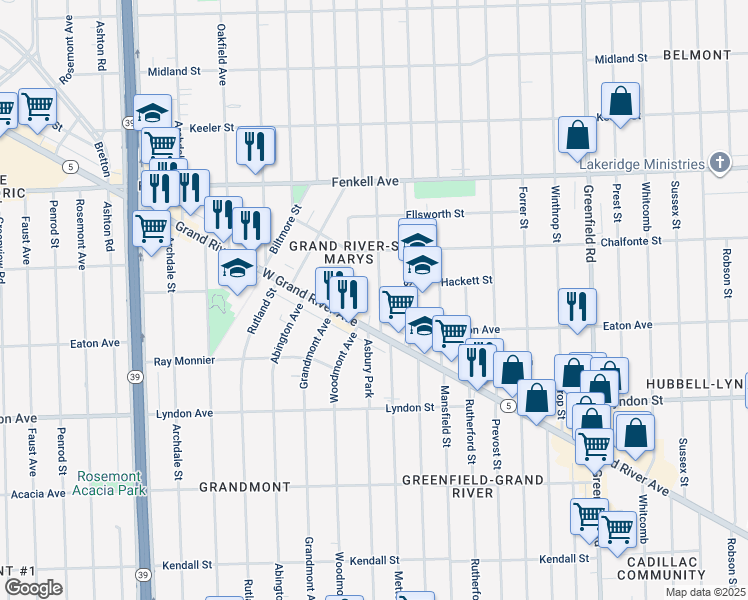 map of restaurants, bars, coffee shops, grocery stores, and more near 14765 Mettetal St in Detroit