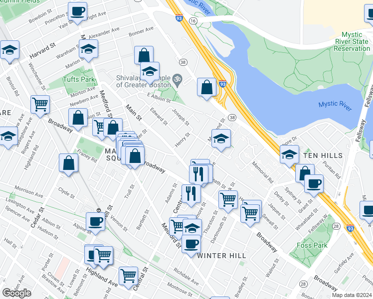 map of restaurants, bars, coffee shops, grocery stores, and more near 18 Fremont Street in Somerville