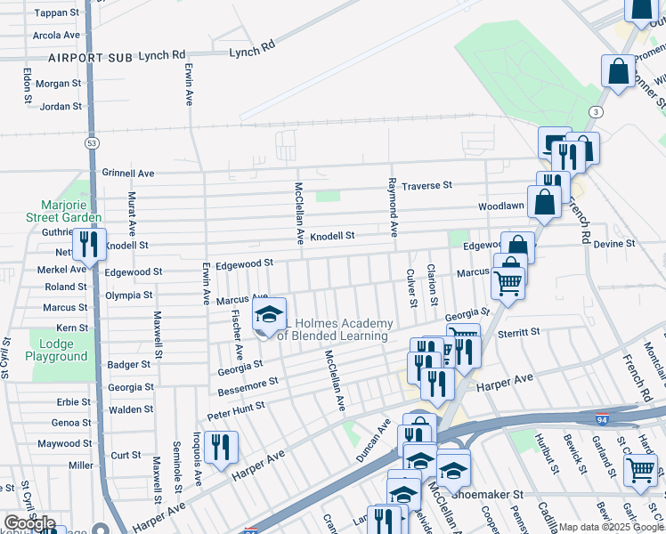 map of restaurants, bars, coffee shops, grocery stores, and more near 9150 Isham Avenue in Detroit