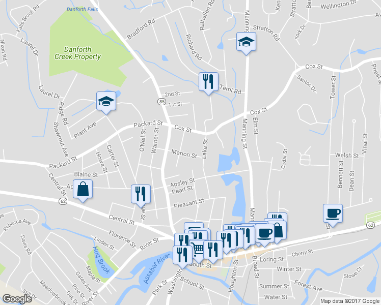 map of restaurants, bars, coffee shops, grocery stores, and more near 24 Marion Street in Hudson