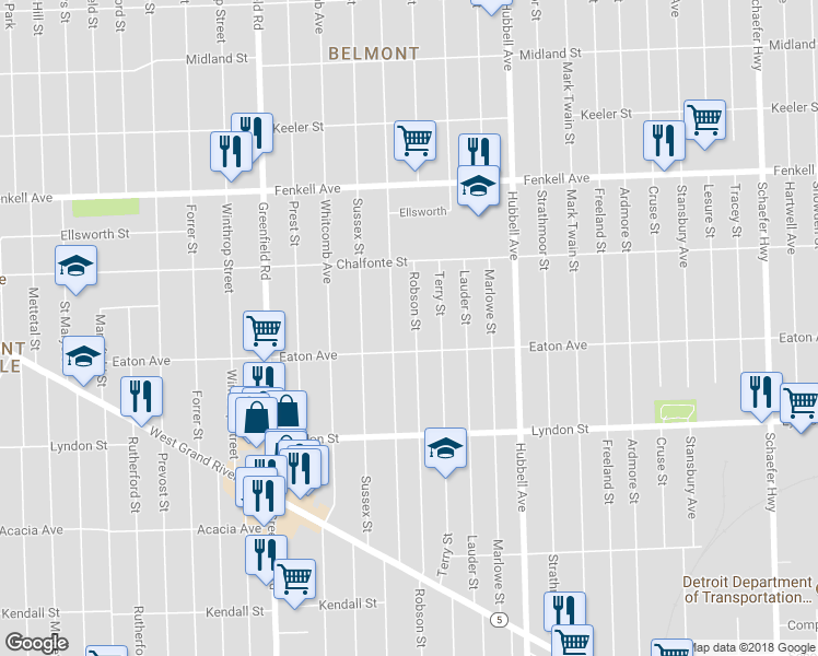 map of restaurants, bars, coffee shops, grocery stores, and more near 14841 Robson Street in Detroit