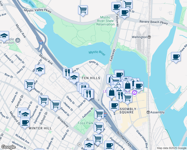 map of restaurants, bars, coffee shops, grocery stores, and more near 43 Putnam Road in Somerville