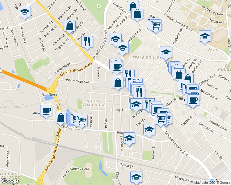 map of restaurants, bars, coffee shops, grocery stores, and more near 79 Harvey Street in Cambridge