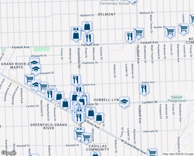 map of restaurants, bars, coffee shops, grocery stores, and more near 14846 Whitcomb in Detroit