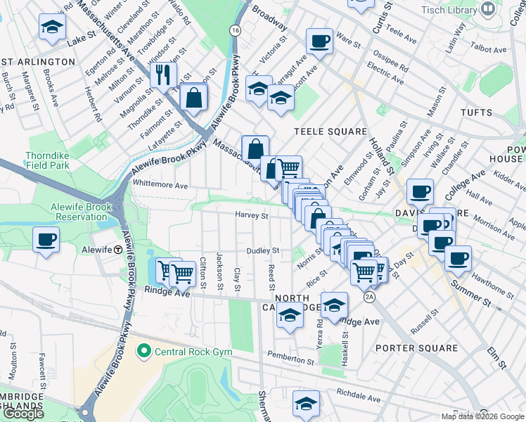map of restaurants, bars, coffee shops, grocery stores, and more near 69 Harvey Street in Cambridge