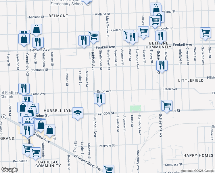 map of restaurants, bars, coffee shops, grocery stores, and more near 14829 Mark Twain Street in Detroit