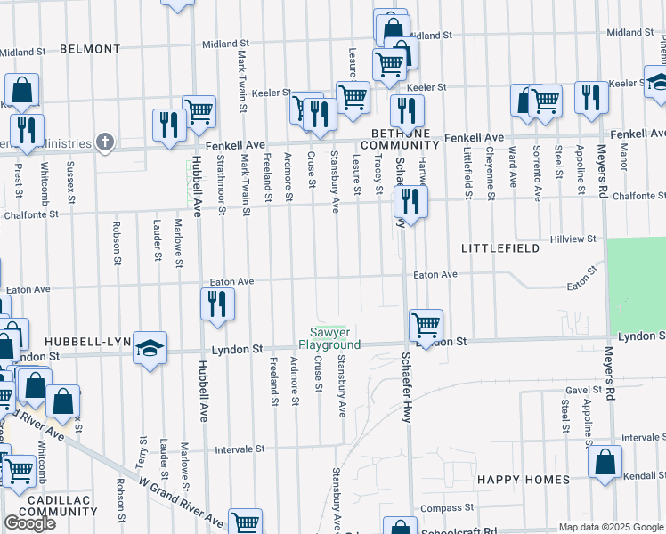 map of restaurants, bars, coffee shops, grocery stores, and more near 14821 Stansbury Avenue in Detroit