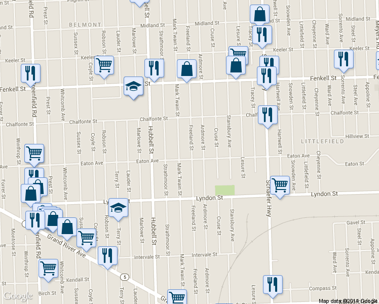 map of restaurants, bars, coffee shops, grocery stores, and more near 14827 Freeland St in Detroit