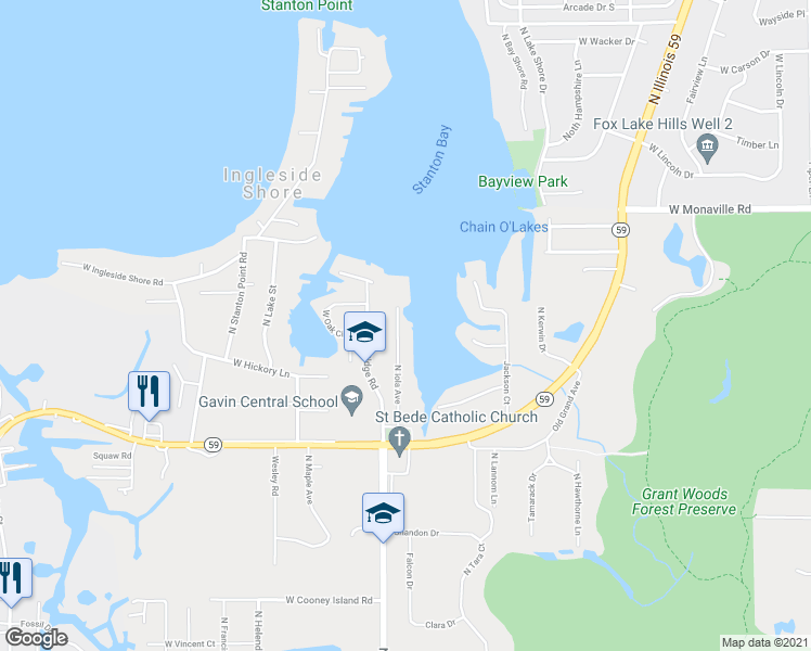 map of restaurants, bars, coffee shops, grocery stores, and more near 36741 North Iola Avenue in Ingleside