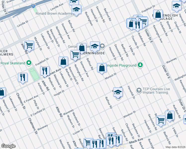 map of restaurants, bars, coffee shops, grocery stores, and more near 4683 Balfour Road in Detroit