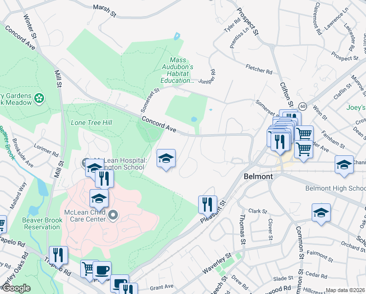 map of restaurants, bars, coffee shops, grocery stores, and more near 15 Pinehurst Road in Belmont