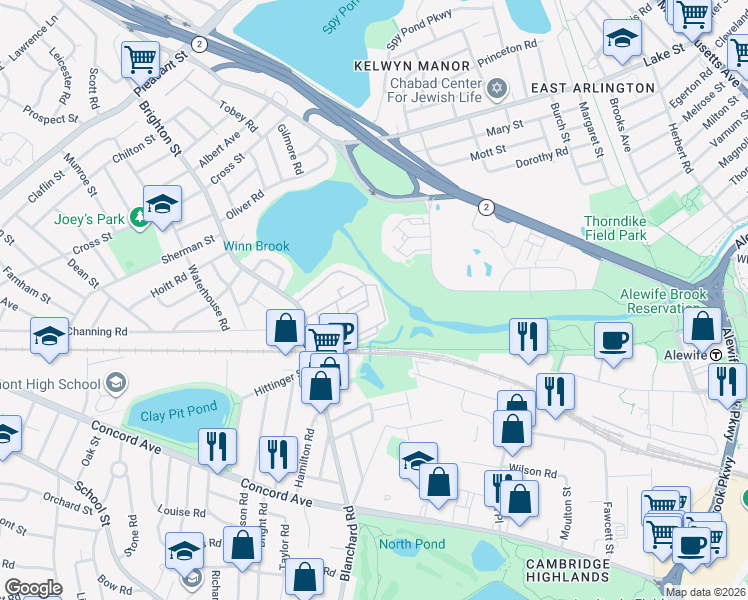 map of restaurants, bars, coffee shops, grocery stores, and more near 55 Hill Road in Belmont