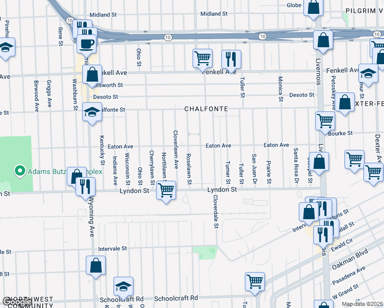 map of restaurants, bars, coffee shops, grocery stores, and more near 14656 Roselawn Street in Detroit