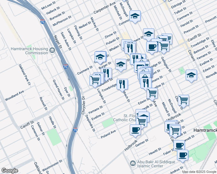 map of restaurants, bars, coffee shops, grocery stores, and more near 2151 Trowbridge Street in Hamtramck