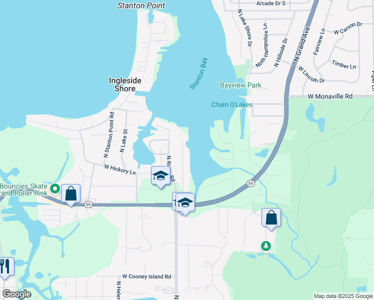 map of restaurants, bars, coffee shops, grocery stores, and more near 36741 North Iola Avenue in Ingleside