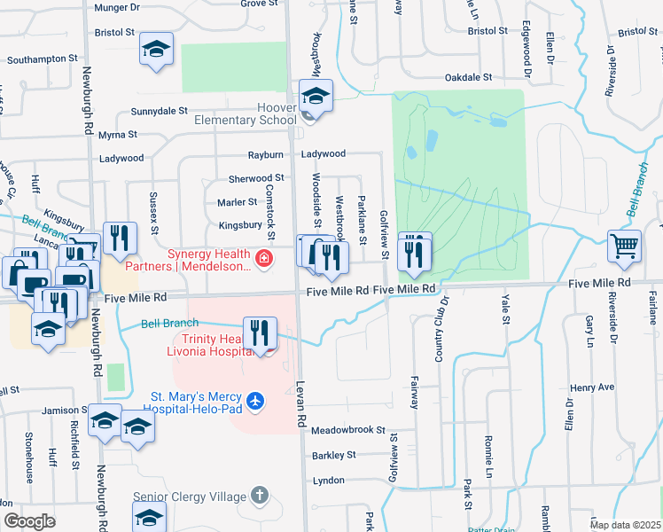 map of restaurants, bars, coffee shops, grocery stores, and more near 36107 Roycroft Street in Livonia