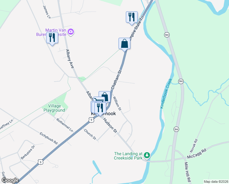 map of restaurants, bars, coffee shops, grocery stores, and more near 1 Williams Street in Kinderhook