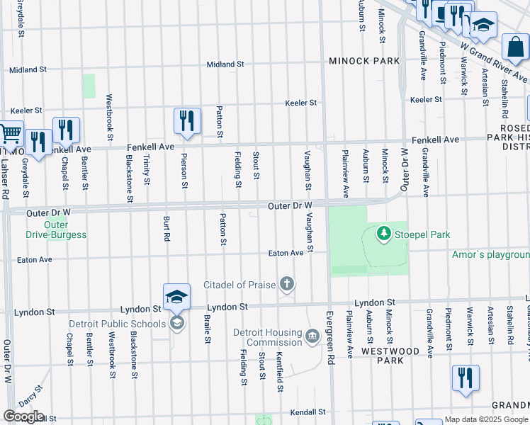 map of restaurants, bars, coffee shops, grocery stores, and more near 10685 Outer Drive West in Detroit