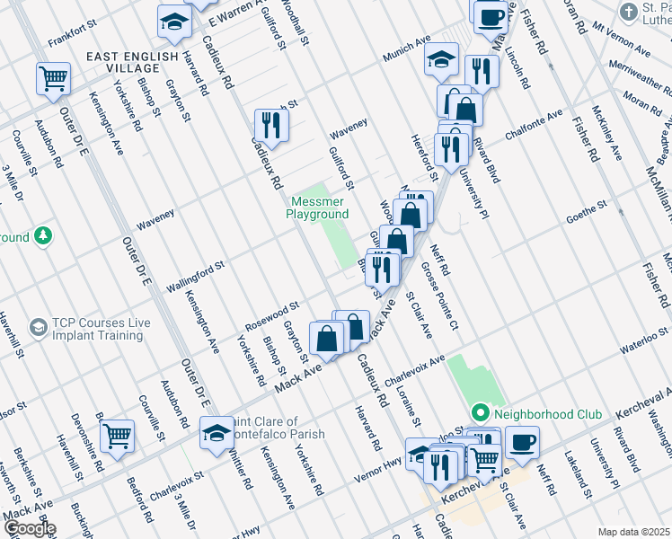 map of restaurants, bars, coffee shops, grocery stores, and more near 17160 Gravier Street in Detroit