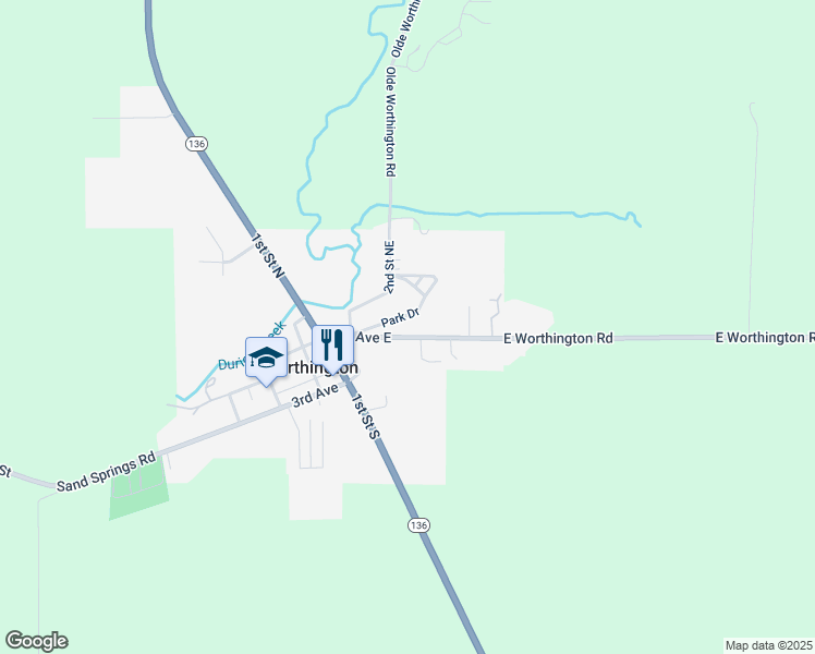map of restaurants, bars, coffee shops, grocery stores, and more near 216 1st Avenue East in Worthington