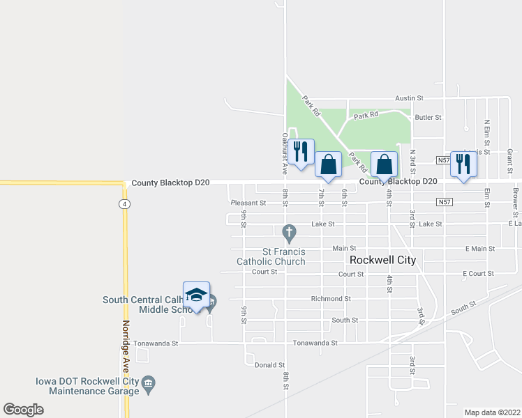map of restaurants, bars, coffee shops, grocery stores, and more near 825 Pleasant Street in Rockwell City