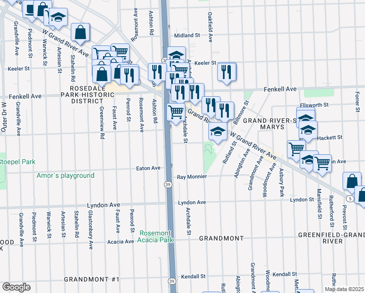map of restaurants, bars, coffee shops, grocery stores, and more near 14733 Archdale Street in Detroit