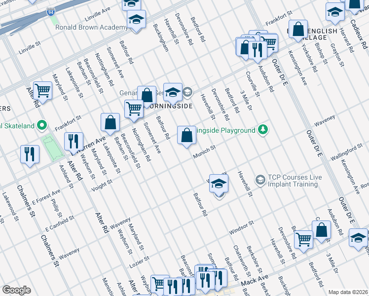 map of restaurants, bars, coffee shops, grocery stores, and more near 4651 Chatsworth Street in Detroit