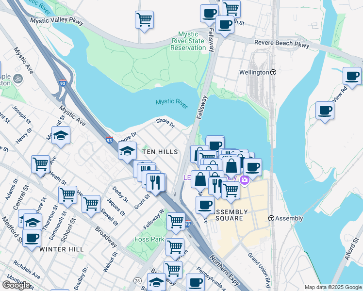 map of restaurants, bars, coffee shops, grocery stores, and more near 218 Fellsway in Somerville