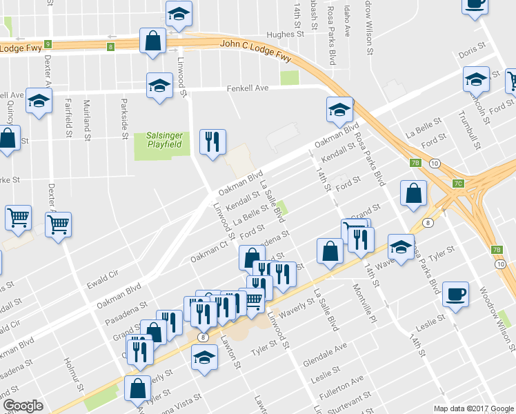 map of restaurants, bars, coffee shops, grocery stores, and more near 2448 La Belle Street in Detroit