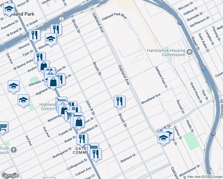 map of restaurants, bars, coffee shops, grocery stores, and more near 190 California Street in Highland Park