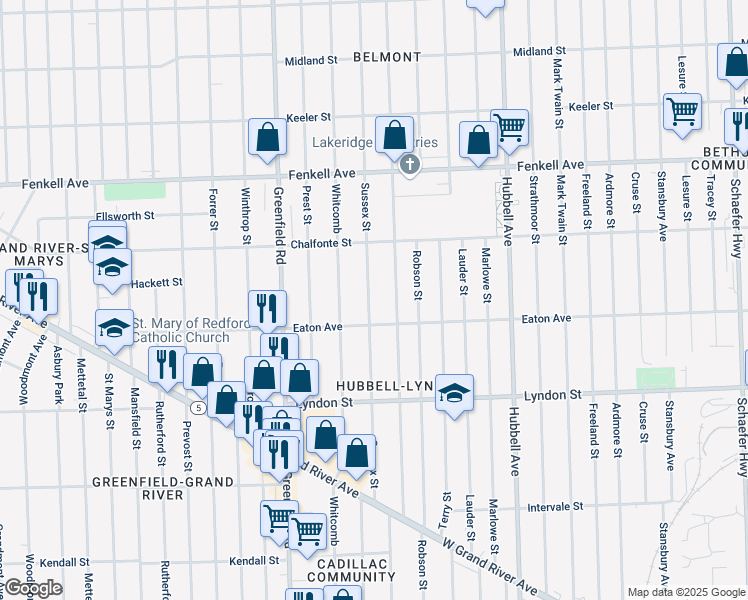 map of restaurants, bars, coffee shops, grocery stores, and more near 14848 Sussex Street in Detroit