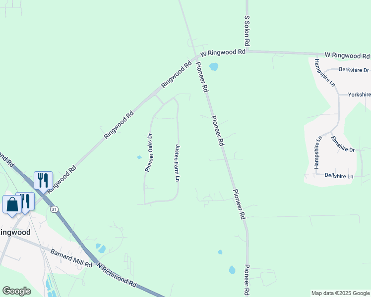map of restaurants, bars, coffee shops, grocery stores, and more near 3200 Justen Lane in Ringwood