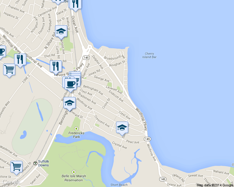 map of restaurants, bars, coffee shops, grocery stores, and more near 138 Endicott Avenue in Revere