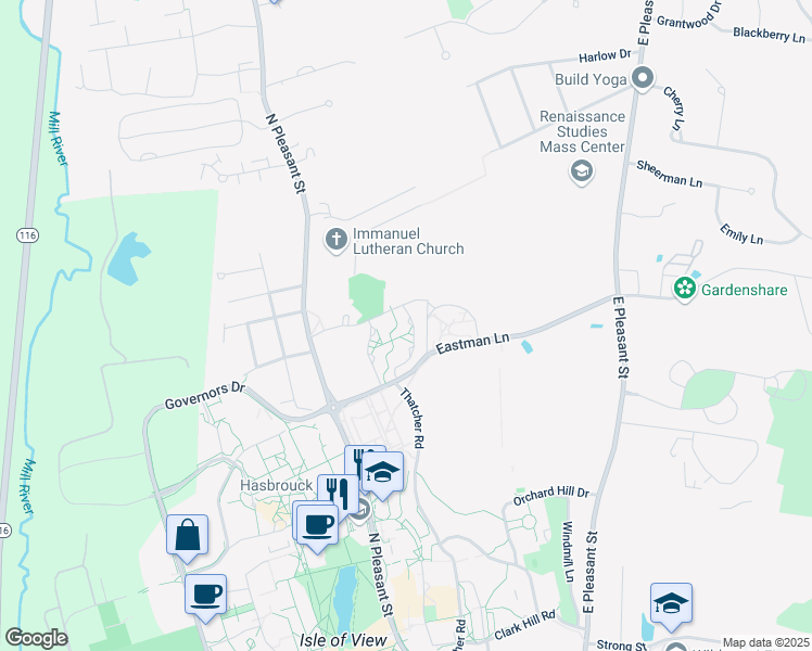 map of restaurants, bars, coffee shops, grocery stores, and more near 56 Eastman Lane in Amherst