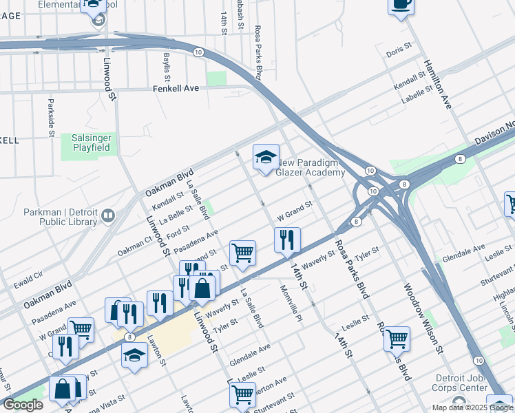 map of restaurants, bars, coffee shops, grocery stores, and more near 2216 Pasadena Street in Detroit