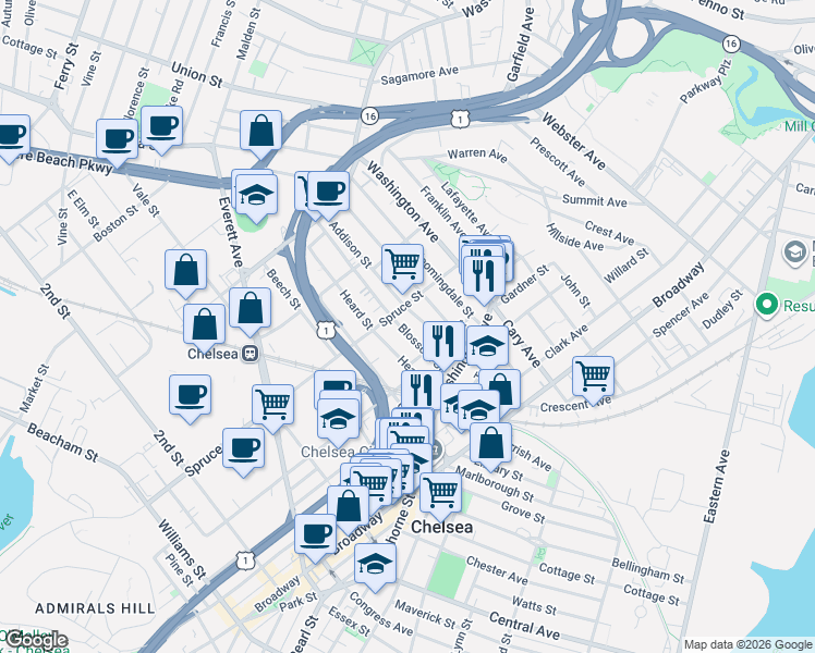 map of restaurants, bars, coffee shops, grocery stores, and more near 51 Blossom Street in Chelsea
