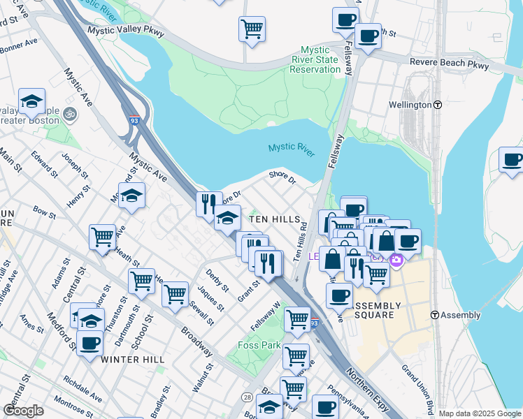 map of restaurants, bars, coffee shops, grocery stores, and more near 75 Puritan Road in Somerville