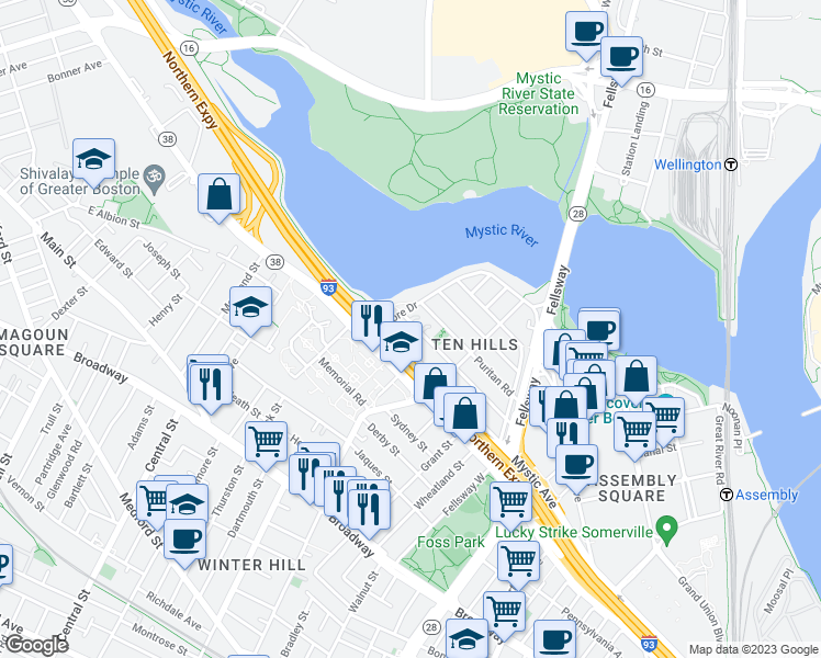 map of restaurants, bars, coffee shops, grocery stores, and more near 114 Governor Winthrop Road in Somerville