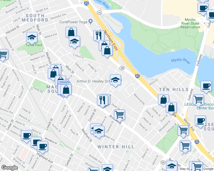 map of restaurants, bars, coffee shops, grocery stores, and more near 53 Moreland Street in Somerville
