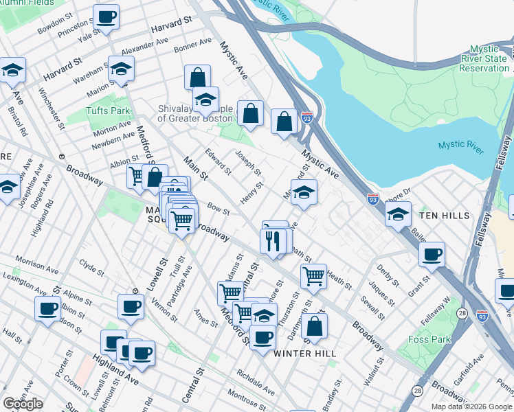 map of restaurants, bars, coffee shops, grocery stores, and more near 25 Fremont Street in Somerville