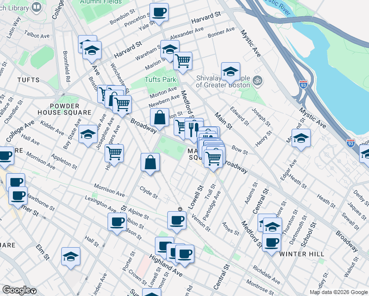 map of restaurants, bars, coffee shops, grocery stores, and more near 10 Charles E Ryan Road in Somerville