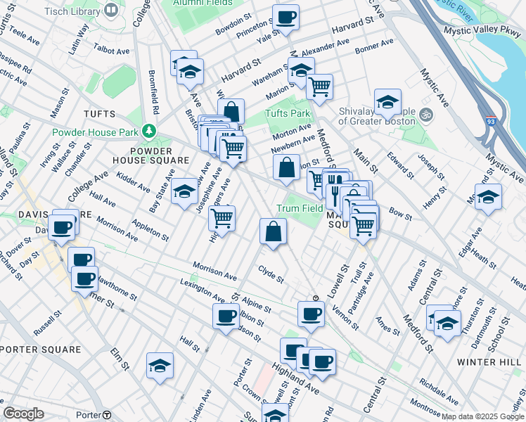 map of restaurants, bars, coffee shops, grocery stores, and more near 272 Cedar Street in Somerville