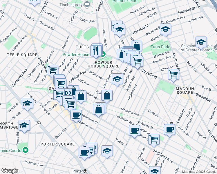 map of restaurants, bars, coffee shops, grocery stores, and more near 200 Willow Avenue in Somerville