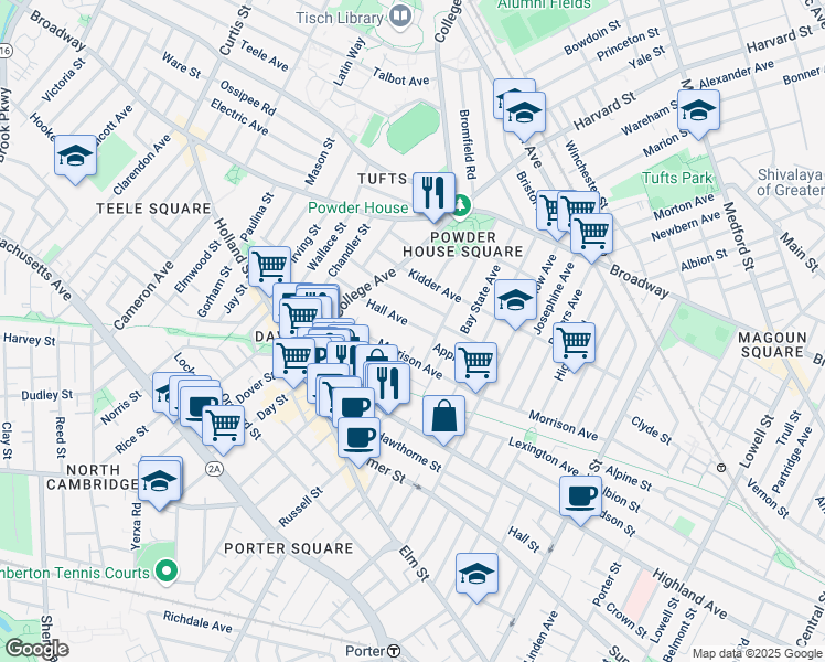 map of restaurants, bars, coffee shops, grocery stores, and more near 63 Hall Avenue in Somerville