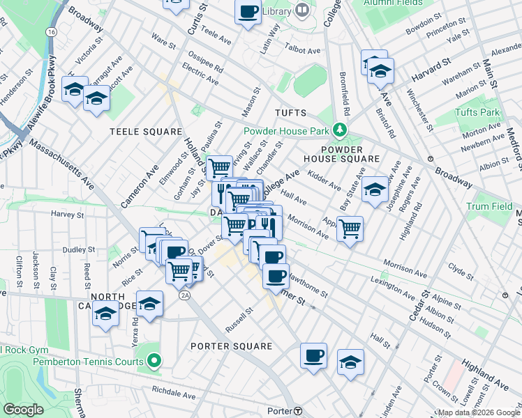 map of restaurants, bars, coffee shops, grocery stores, and more near 10 Winslow Avenue in Somerville