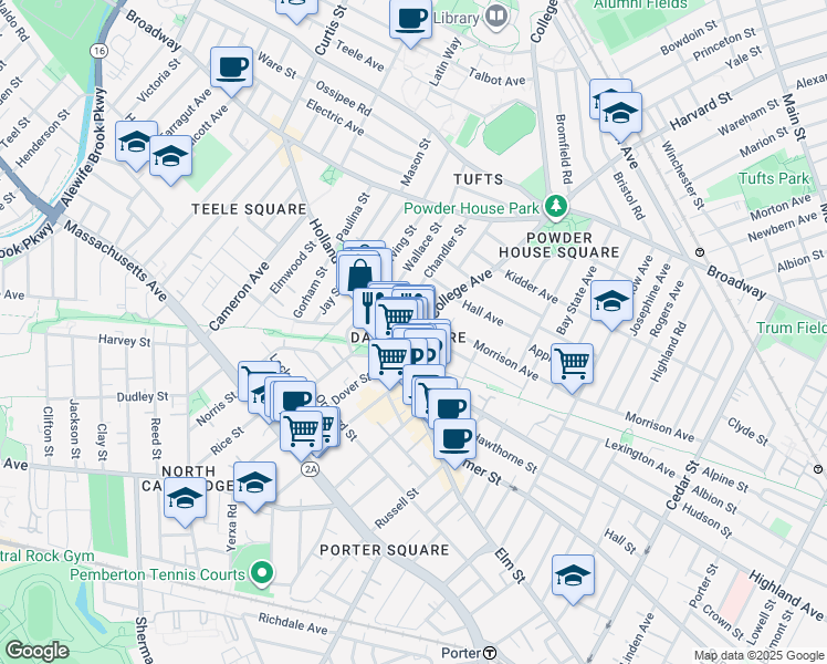 map of restaurants, bars, coffee shops, grocery stores, and more near in Somerville