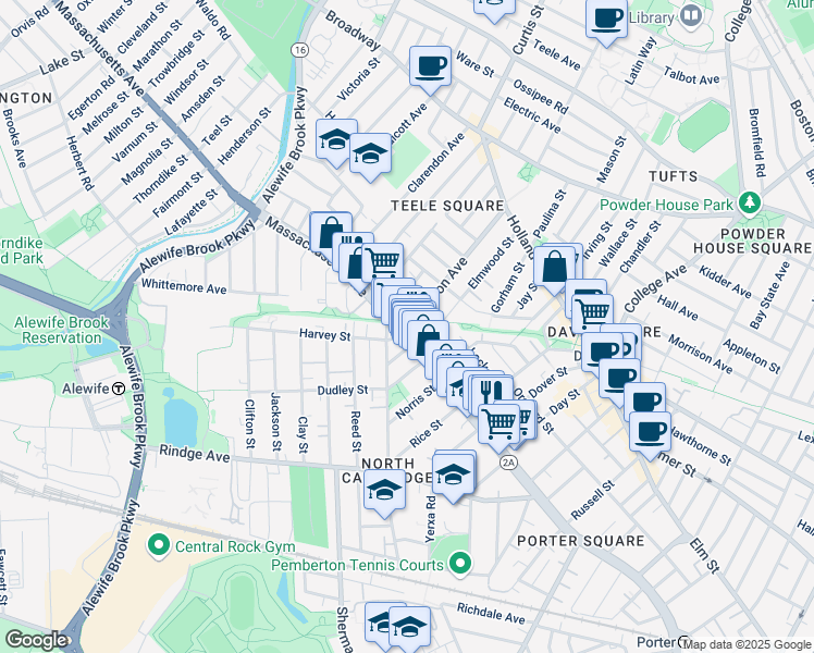 map of restaurants, bars, coffee shops, grocery stores, and more near 7 Cameron Avenue in Cambridge