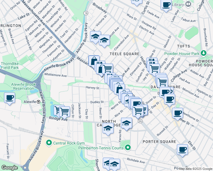 map of restaurants, bars, coffee shops, grocery stores, and more near 35 Harvey Street in Cambridge